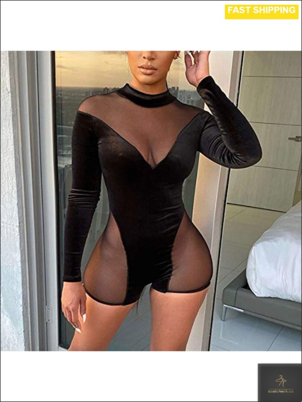 Sexy See Through Mesh Long Sleeve Short Jumpsuit Club Romper - Picture 2 of 6